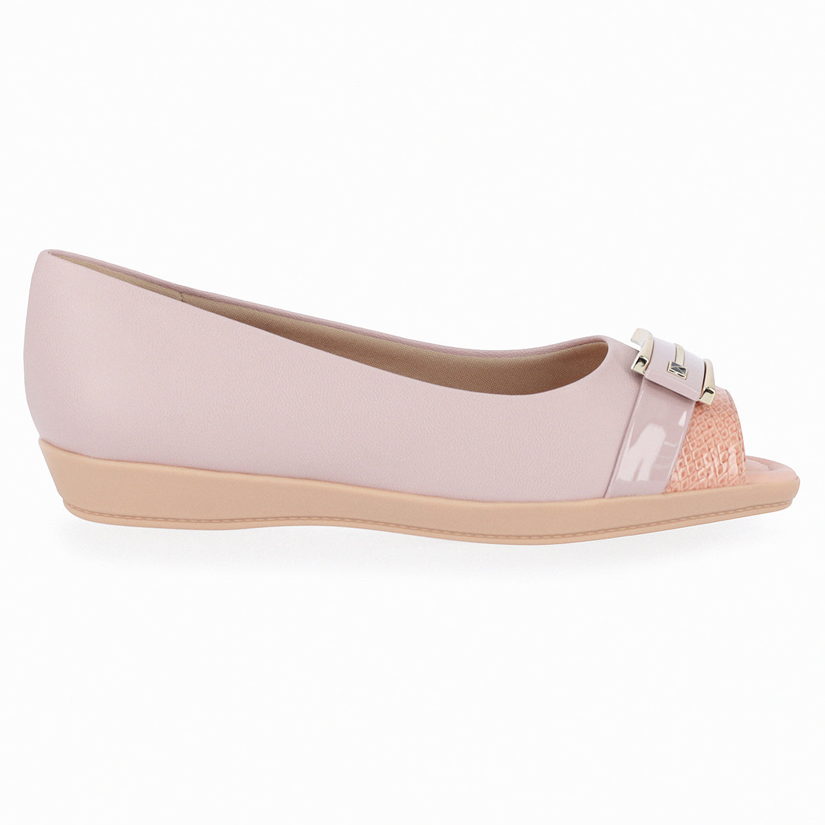 ballet flat by Piccadilly, low flat heel, in lilac and pink colors, with a gold and lilac patent buckle detai.