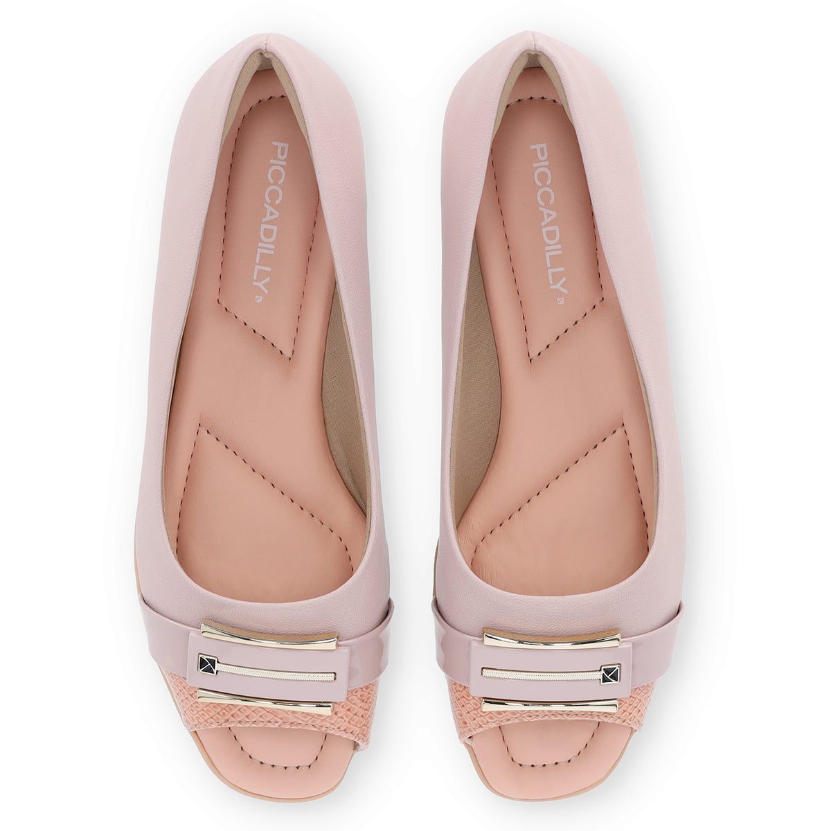 ballet flat by Piccadilly, low flat heel, in lilac and pink colors, with a gold and lilac patent buckle detai.