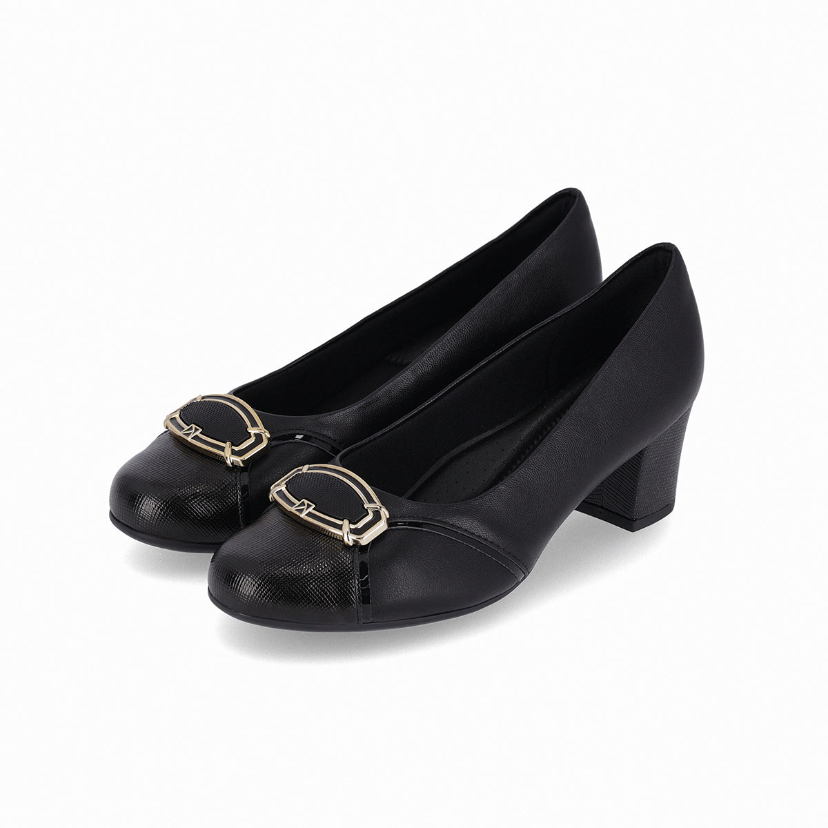 high-heeled Piccadilly shoe in black with a buckle detail on the upper part in black and metallic gold tones