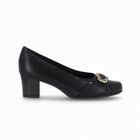 high-heeled Piccadilly shoe in black with a buckle detail on the upper part in black and  metallic gold tones
