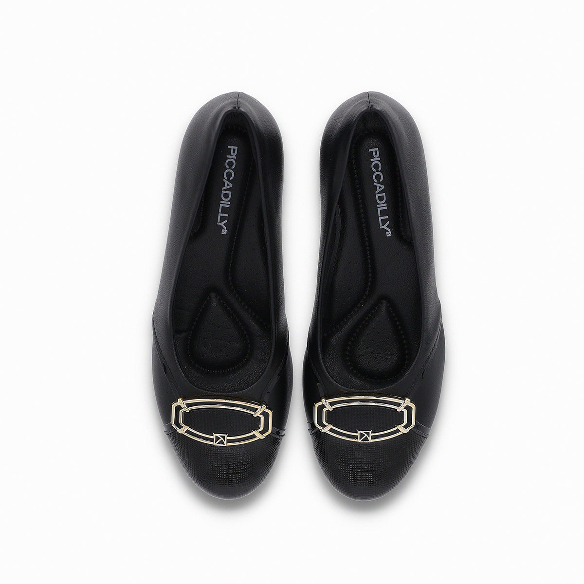 high-heeled Piccadilly shoe in black with a buckle detail on the upper part in black and metallic gold tones