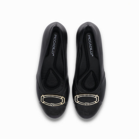 high-heeled Piccadilly shoe in black with a buckle detail on the upper part in black and  metallic gold tones