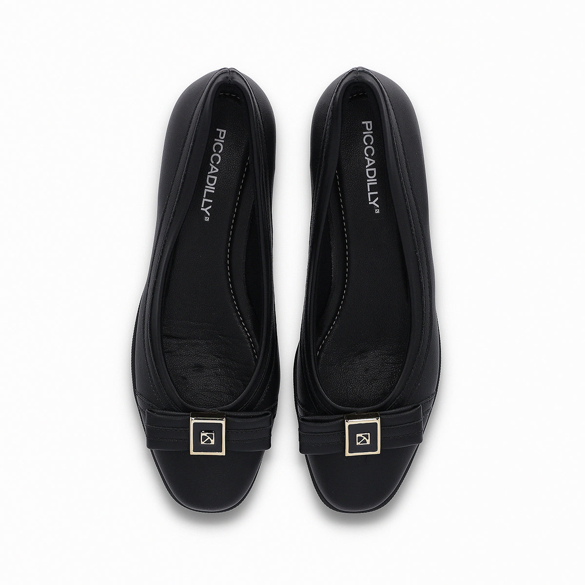 Piccadilly cushioned flat shoe with a low heel in black color and a bow on the top with a golden logo