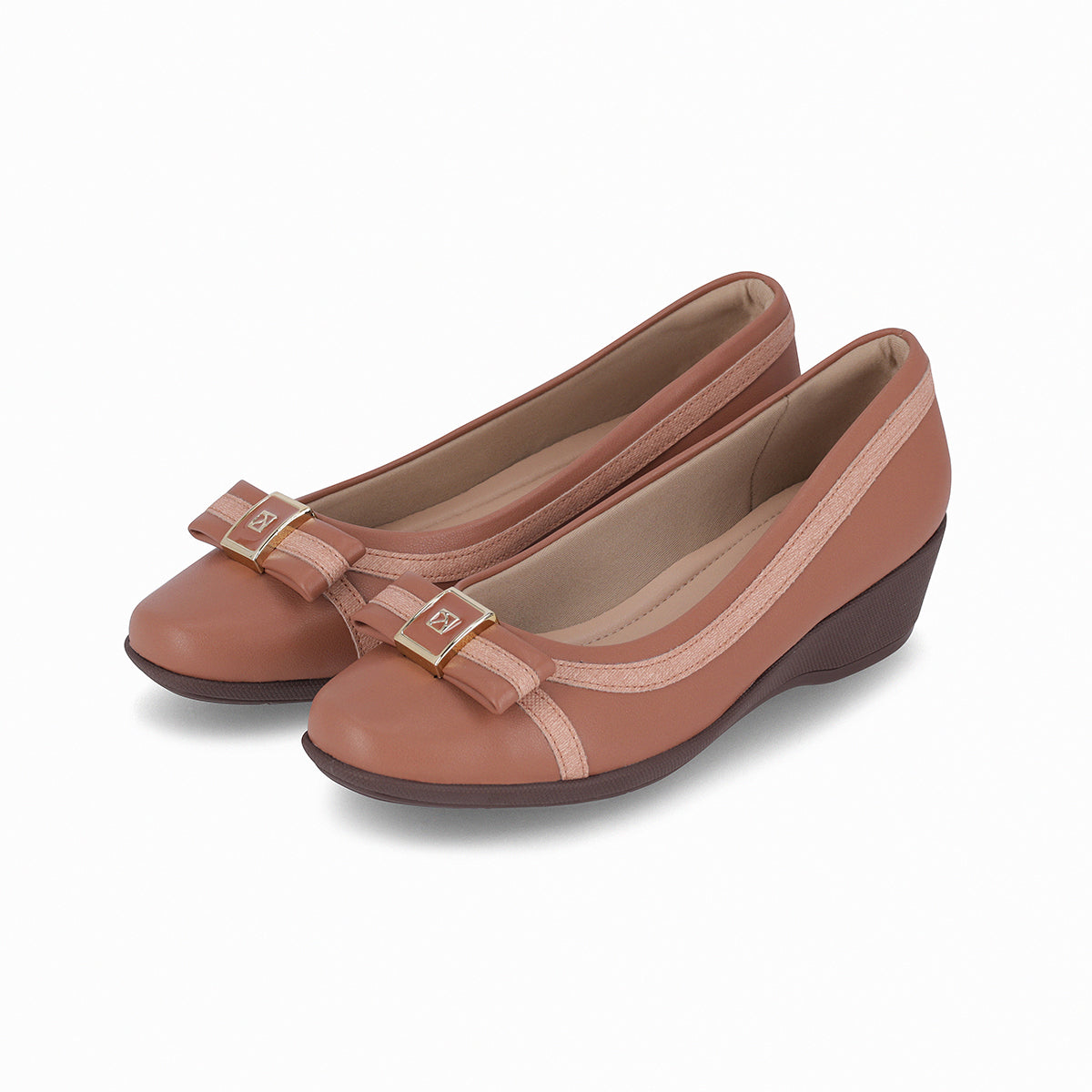 Piccadilly ballet flat with a heel in dark beige color, featuring beige stripe details and a bow on the top, highlighting the golden logo and the brown color of the platform