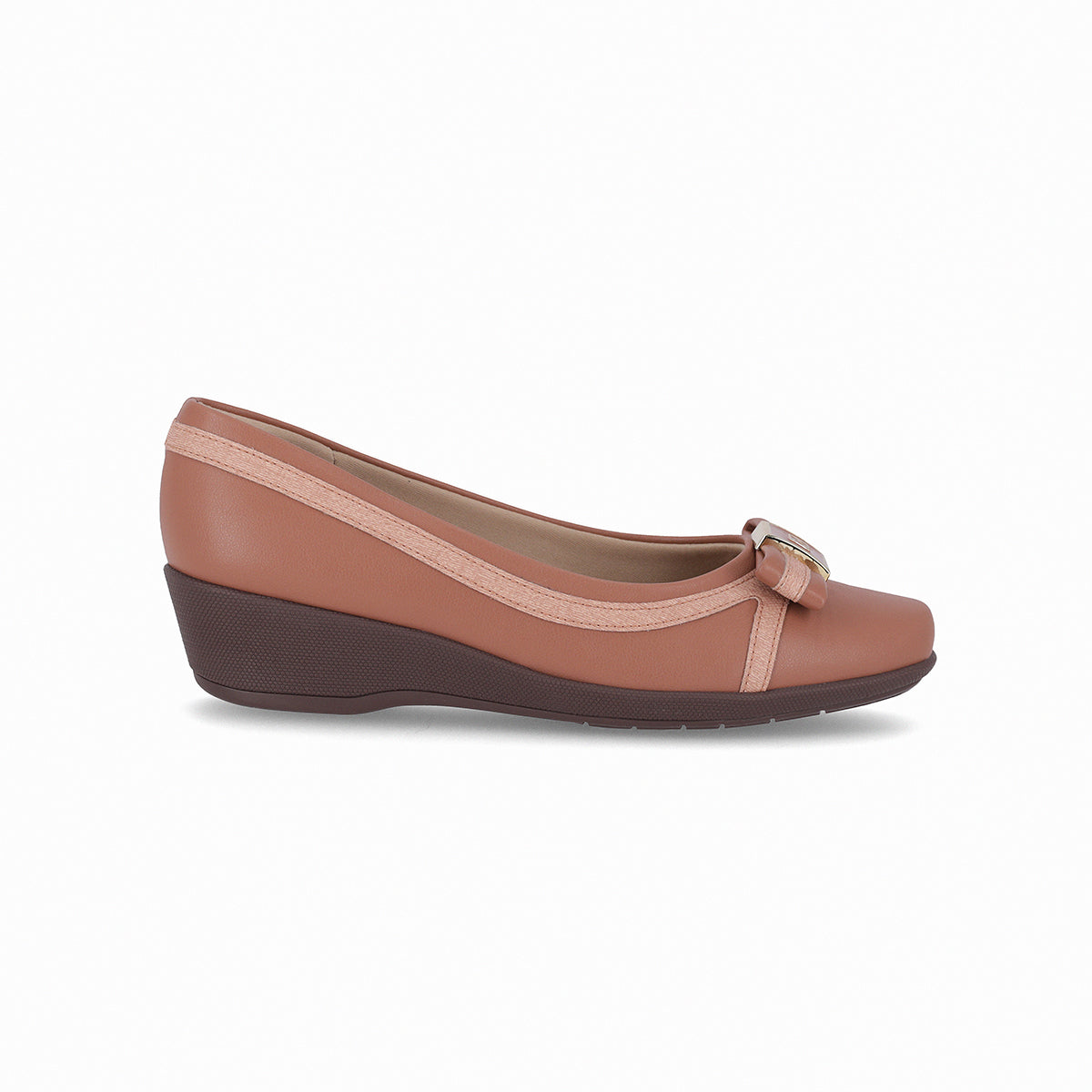 Piccadilly ballet flat with a heel in dark beige color, featuring beige stripe details and a bow on the top, highlighting the golden logo and the brown color of the platform