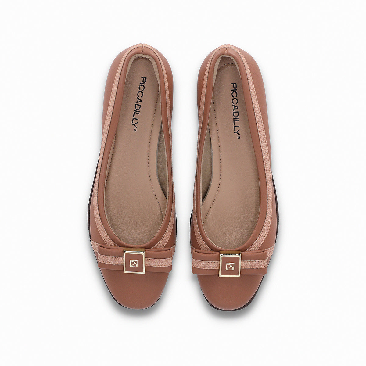 Piccadilly ballet flat with a heel in dark beige color, featuring beige stripe details and a bow on the top, highlighting the golden logo and the brown color of the platform