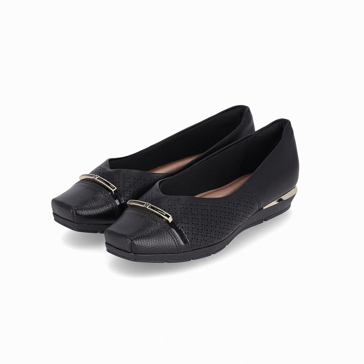 Low-heeled black ballet flats, padded with gold details the part and back