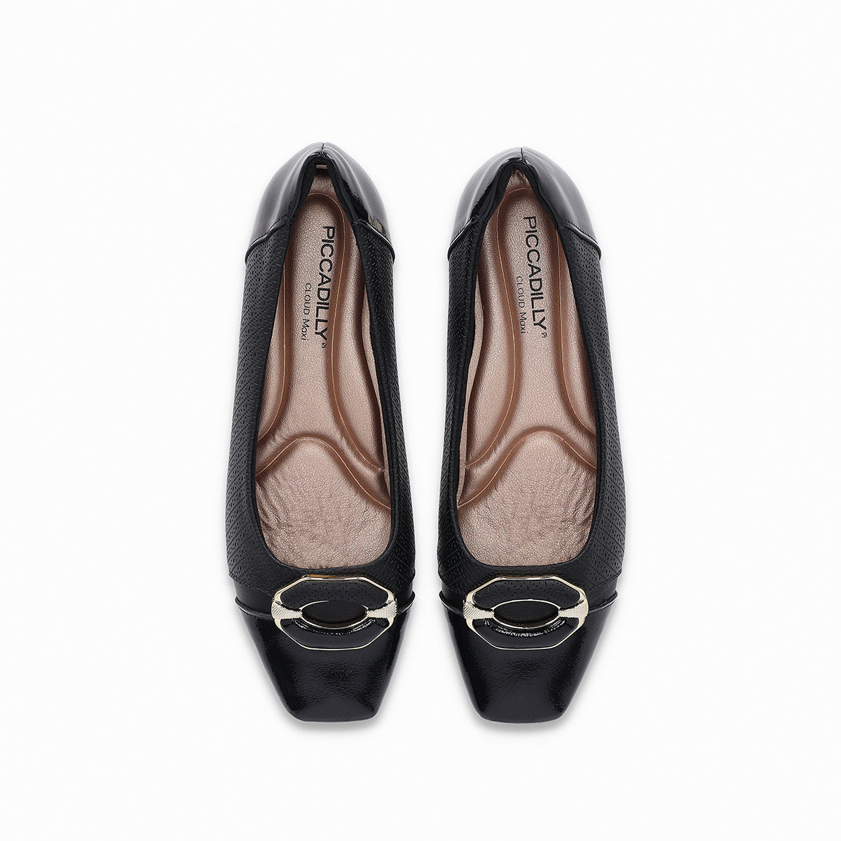 Low-heeled  black ballet flats, padded with gold details the part and back