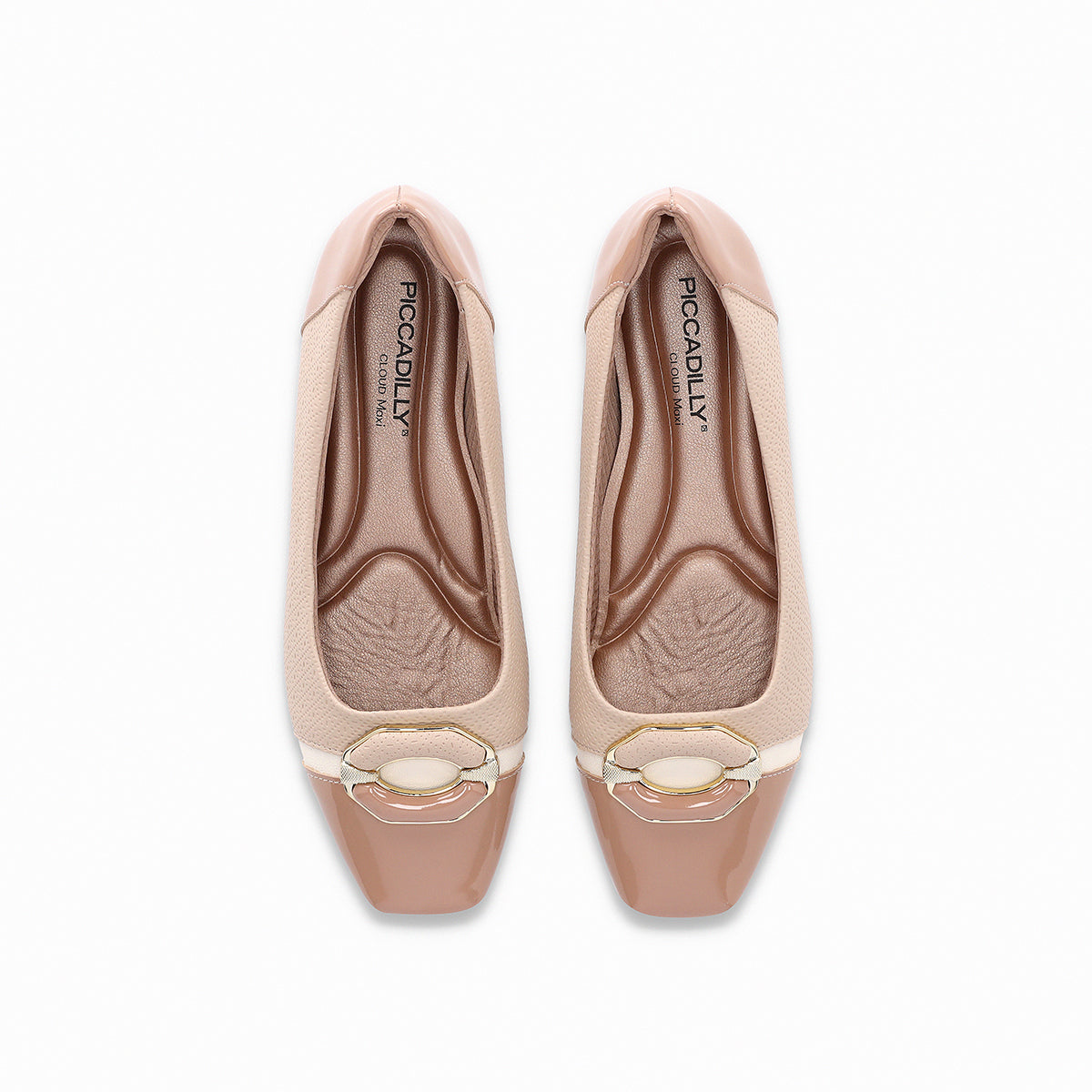Low-heeled  black ballet flats, padded with gold details the part and back