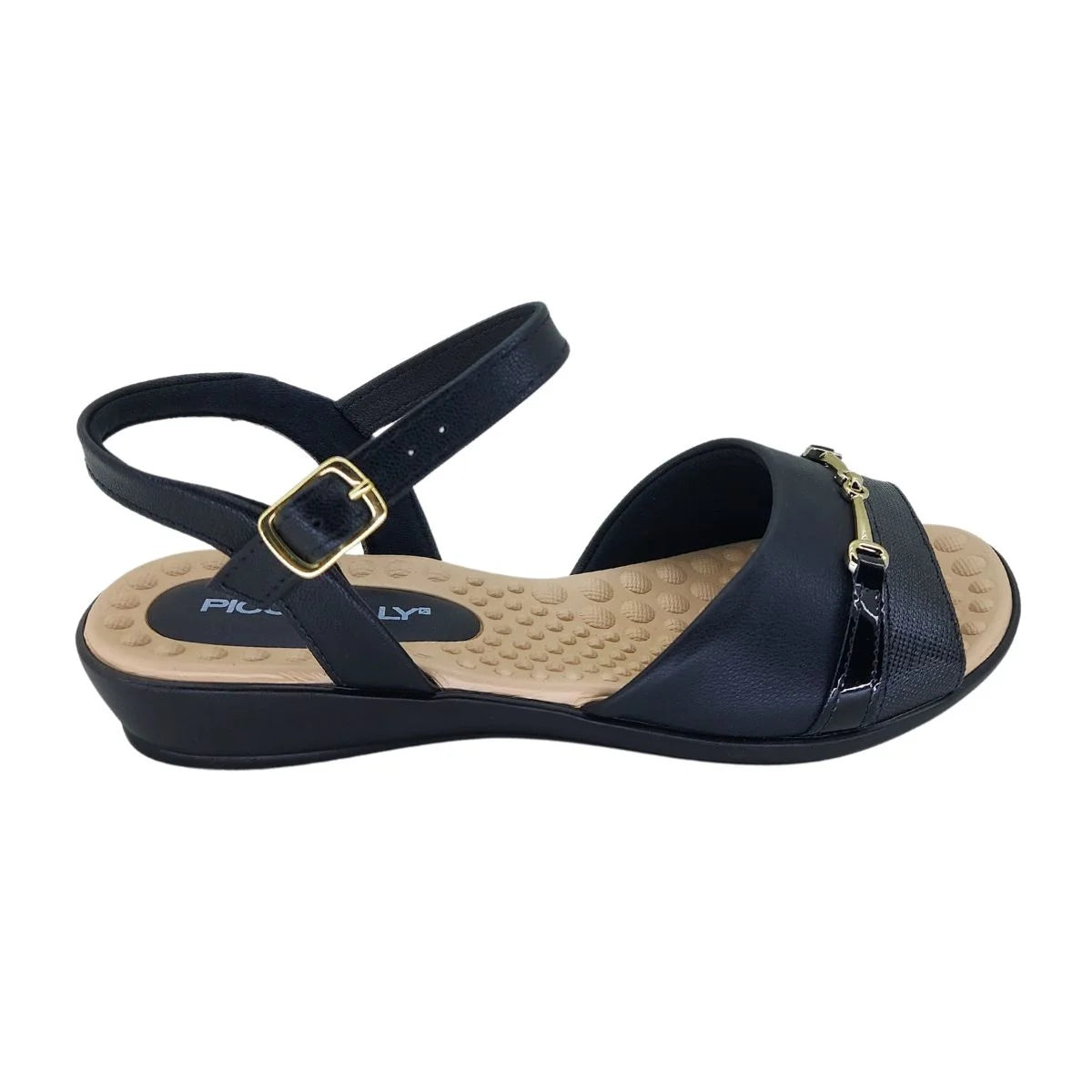piccadilly low-heel sandal in black with a soft, cushioned insole and beige sole. feature a refined gold detail on the heel for a secure elegant fit.