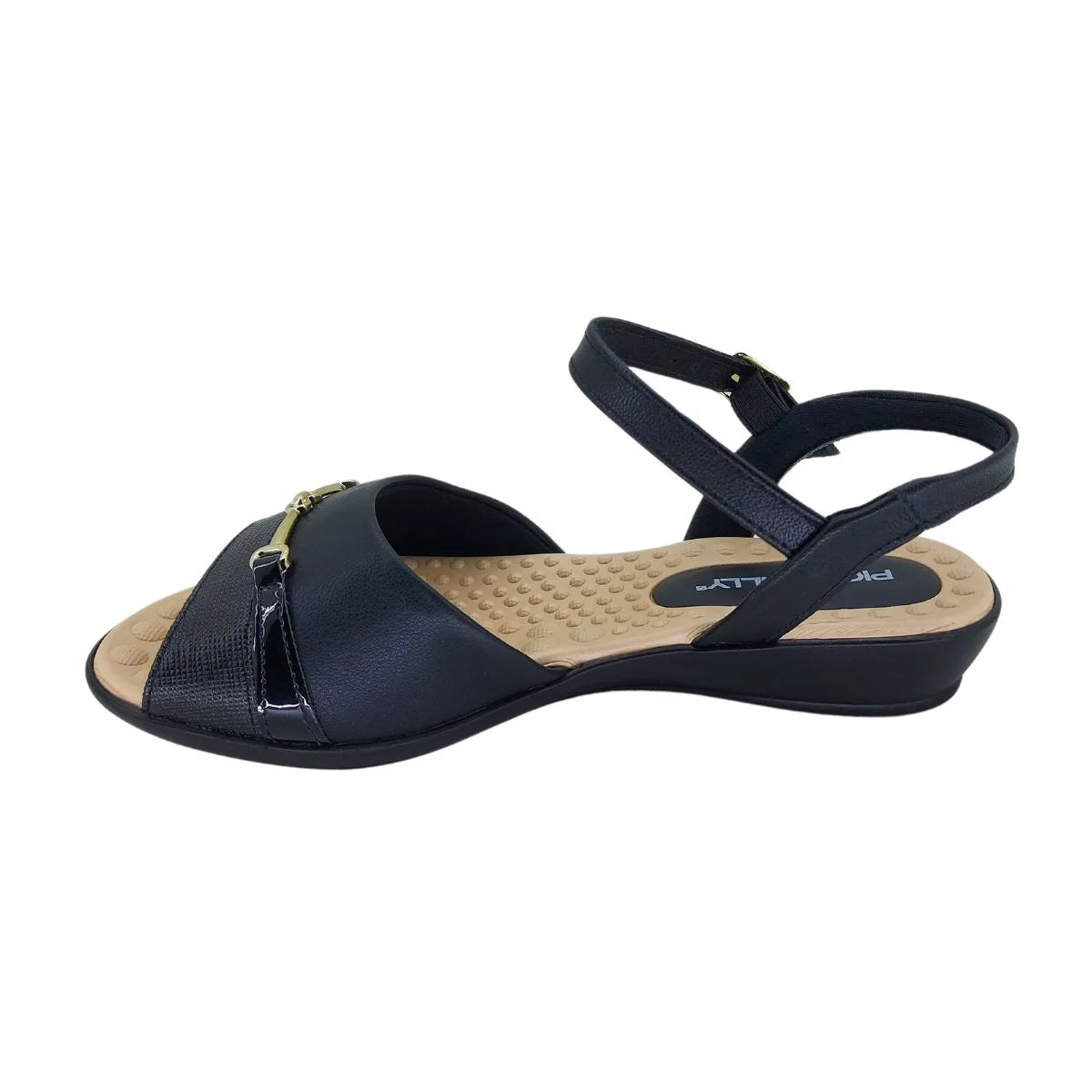 piccadilly low-heel sandal in black with a soft, cushioned insole and beige sole. feature a refined gold detail on the heel for a secure elegant fit.