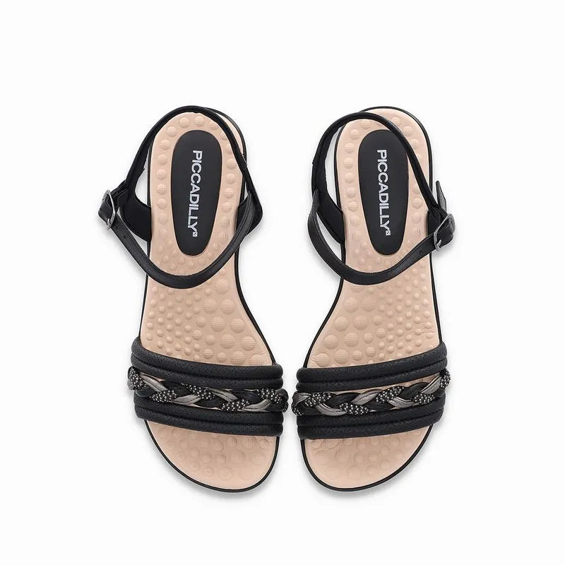 Low Piccadilly sandal, black color with beige sole, adjustable buckle with straps on the upper part and shiny braided details.