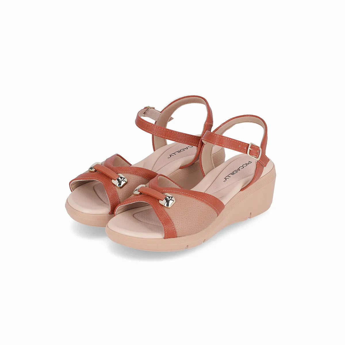 Piccadilly beige wedges sandal with caramel straps and metallic detail.