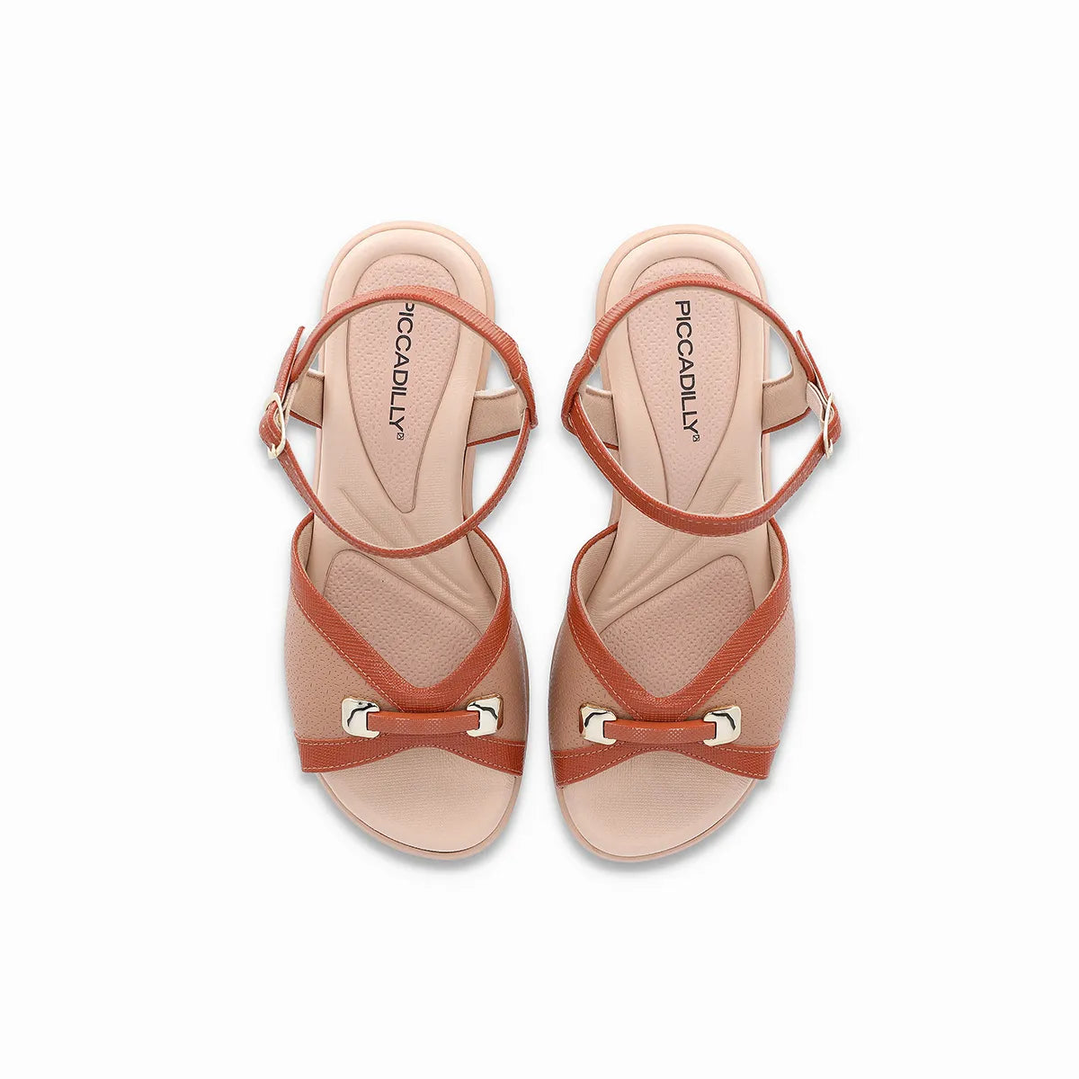 Piccadilly beige wedges sandal with caramel straps and metallic detail.