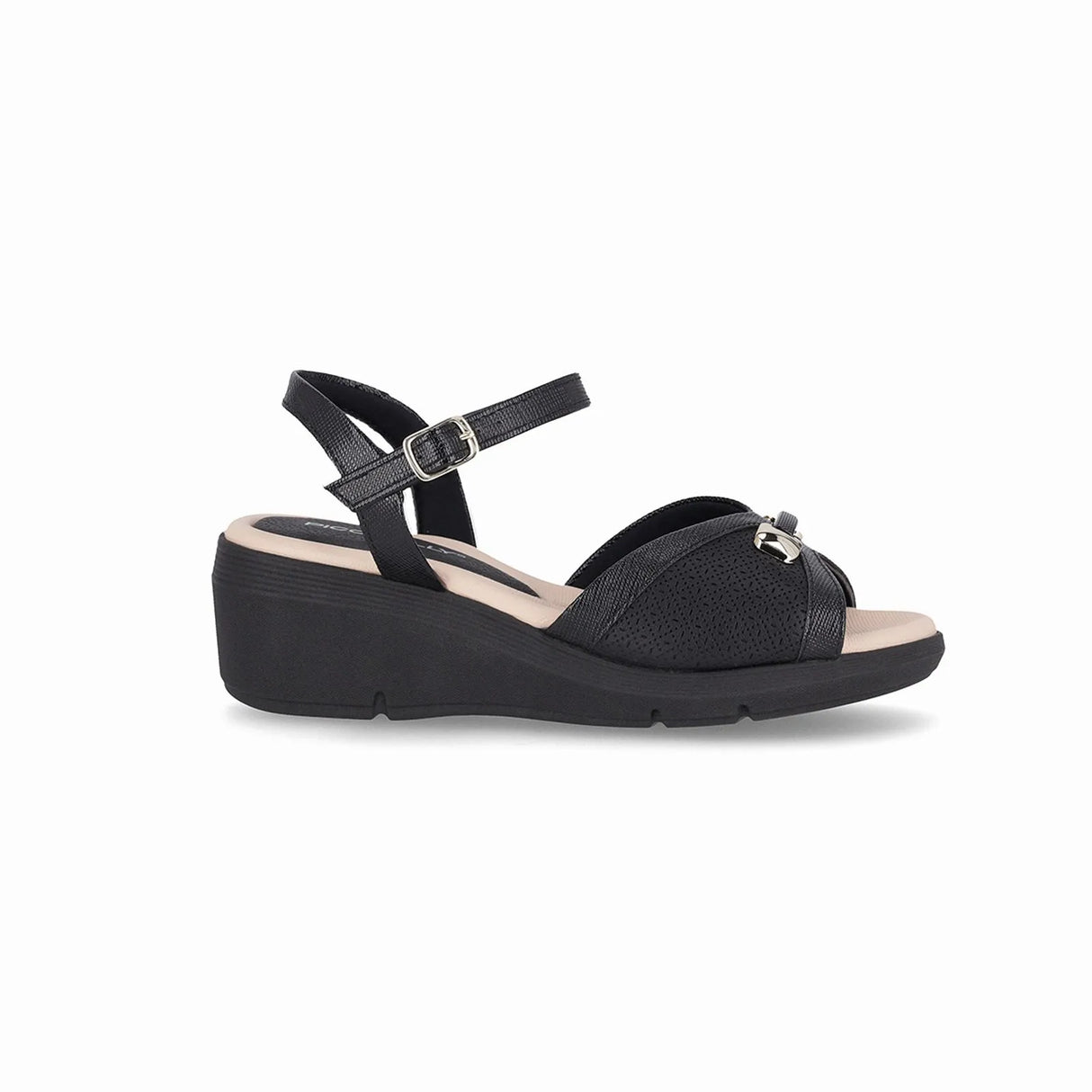 Piccadilly black wedges sandal with adjustable ankle strap and elegant design.
