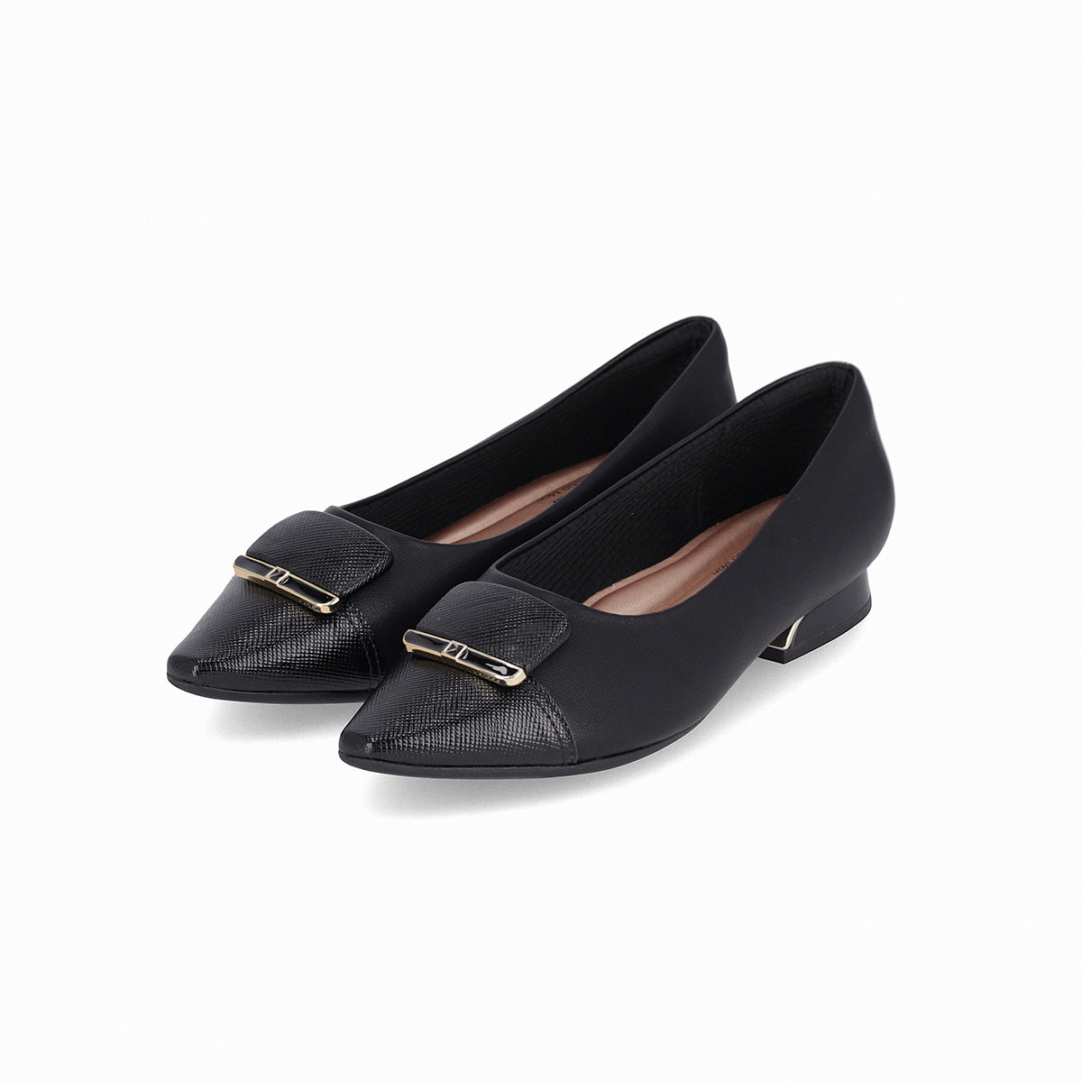 low-heeled point-toe black Piccadilly shoe with black embellishment and gold detail