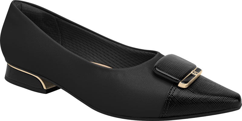 low-heeled point-toe black Piccadilly shoe with black embellishment and gold detail