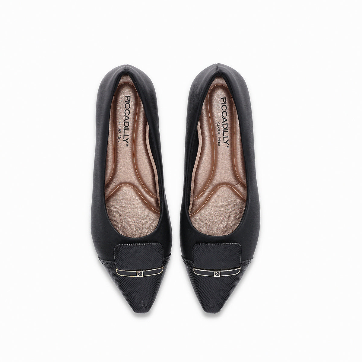 low-heeled point-toe black Piccadilly shoe with black embellishment and gold detail