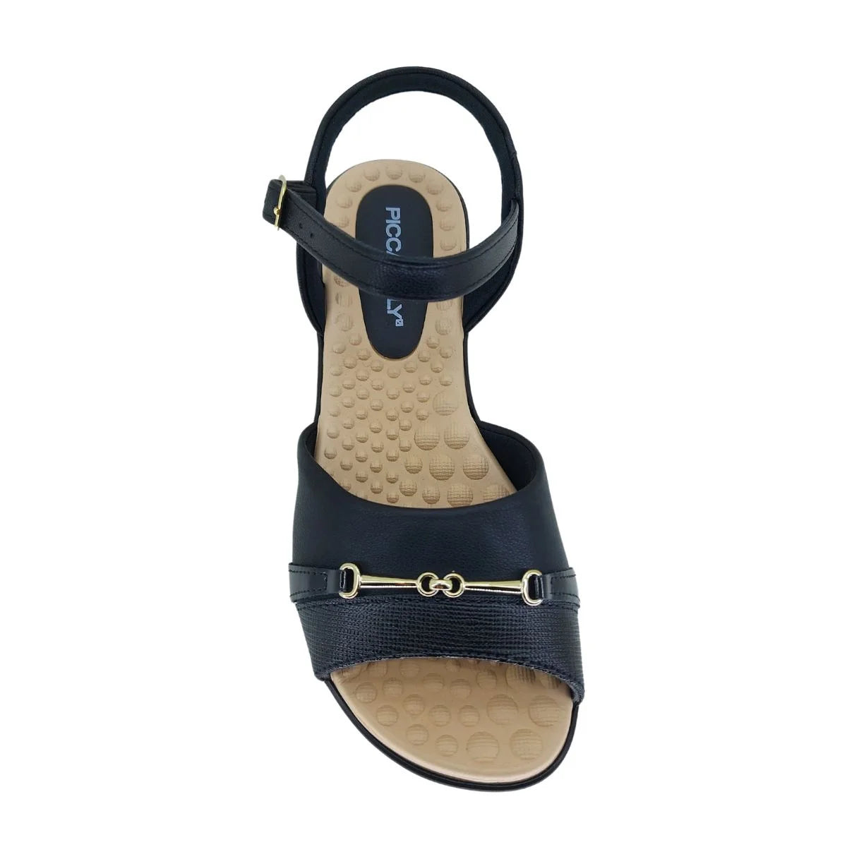 piccadilly low-heel sandal in black with a soft, cushioned insole and beige sole. feature a refined gold detail on the heel for a secure elegant fit.