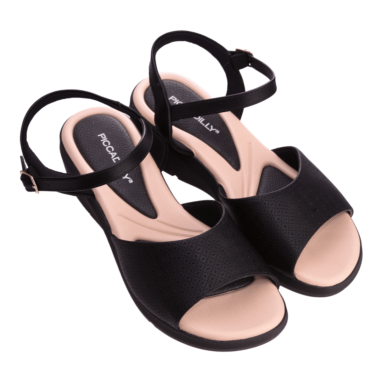 Flart-heeled Piccadilly sandal in black with a beige sole, adjustable buckle, and open uppe.