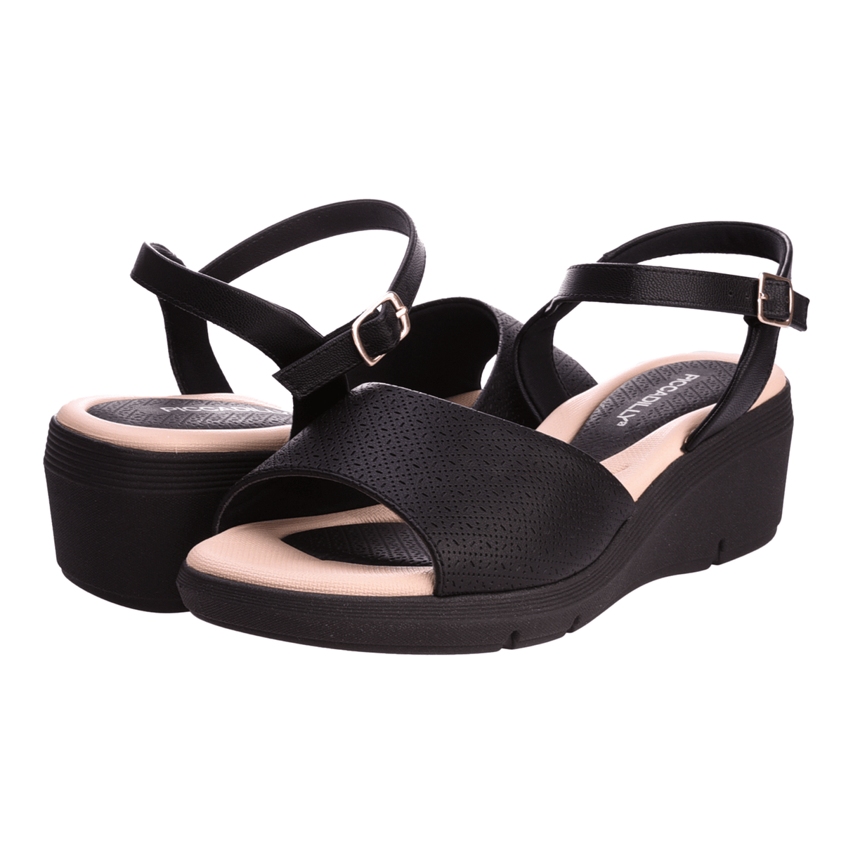 Flart-heeled Piccadilly sandal in black with a beige sole, adjustable buckle, and open upper.