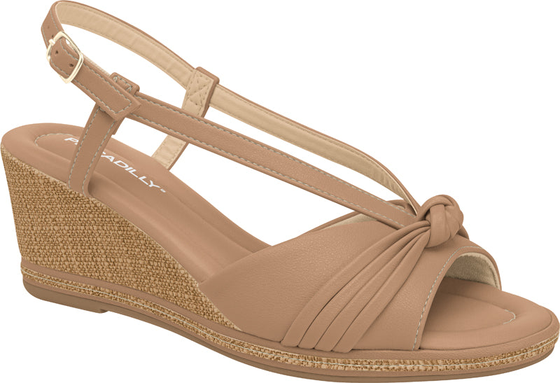 Beige wedges sandal by Piccadilly, featuring an adjustable strap with a gold buckle, front knot detail, and a textured woven wedges heel in a natural jute tone