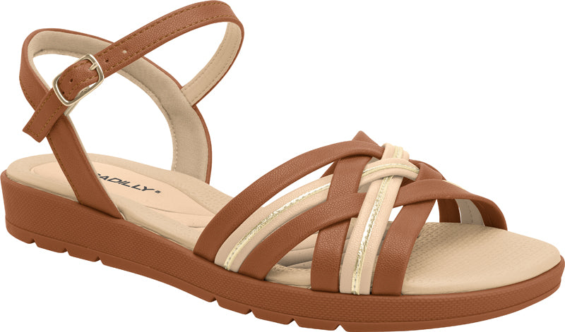 Dark beige Piccadilly flat sandal featuring brainded straps on the upper and an adjustable buckle on the heel
