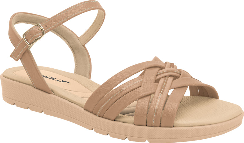 Piccadilly flat sandal in beige with braided woven strap details on the upper and an adjustable buckle at the heel
