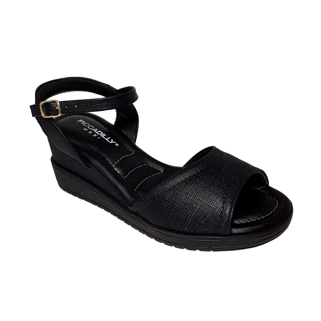 Piccadilly high-heel sandal in black, featuring a soft, curshuined insole. includes an adjustable ankle buckle, ensuring elegance and a comfortable fit.