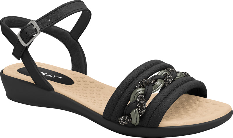 Low Piccadilly sandal, black color with beige sole, adjustable buckle with straps on the upper part and shiny braided details.