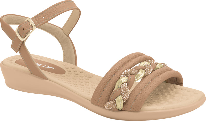 Low Piccadilly sandal, beige color with adjustable buckle, strap on the upper part, and braided details with rhinestones in rose and gold tones .