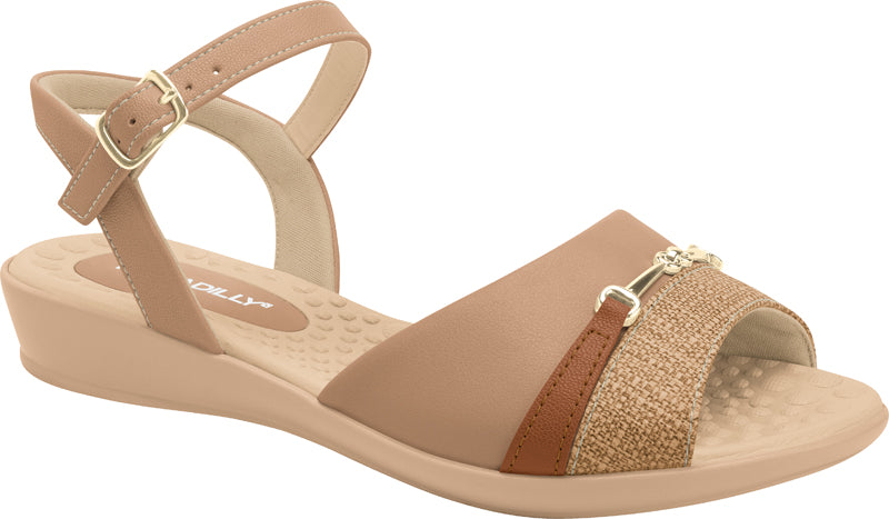 piccadilly low-heeled sandal with cushioned sole in beige color, gold detail on top with a darck beige, strap and bucke at the heel.