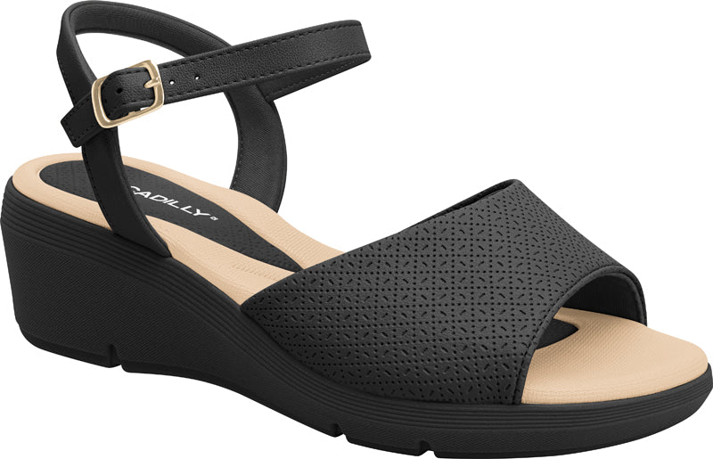 Flart-heeled Piccadilly sandal in black with a beige sole, adjustable buckle, and open upper.