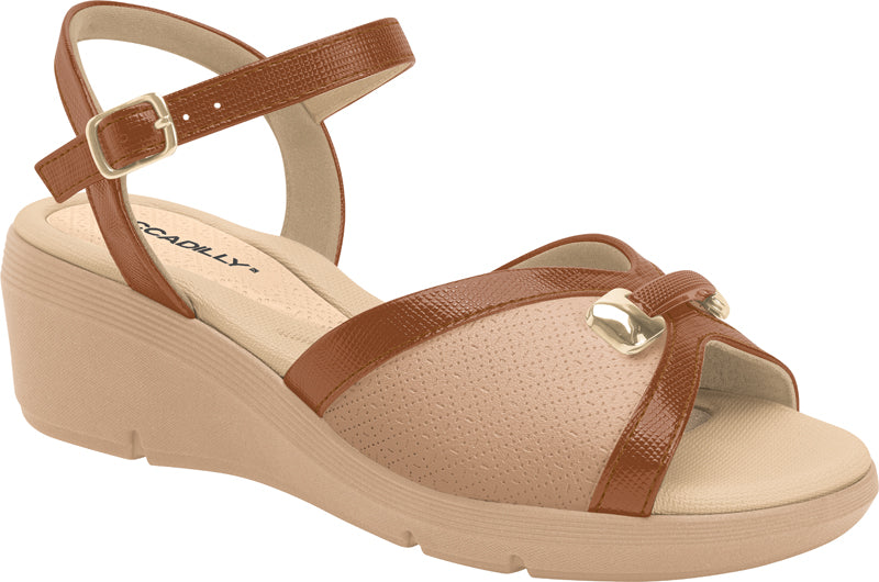 Piccadilly beige wedges sandal with caramel straps and metallic detail.