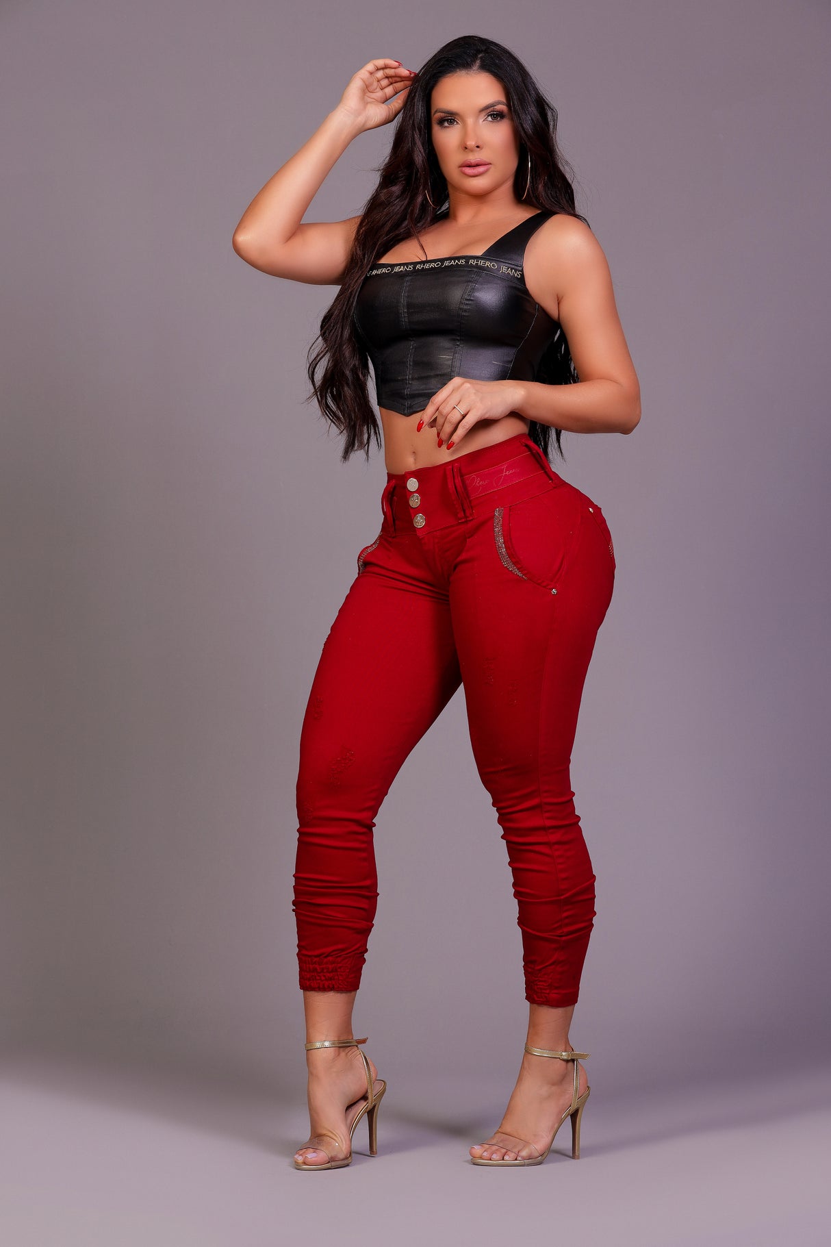 Rhero Pantalones vaqueros ajustados de talle alto para mujer con levantamiento de glúteos 56687