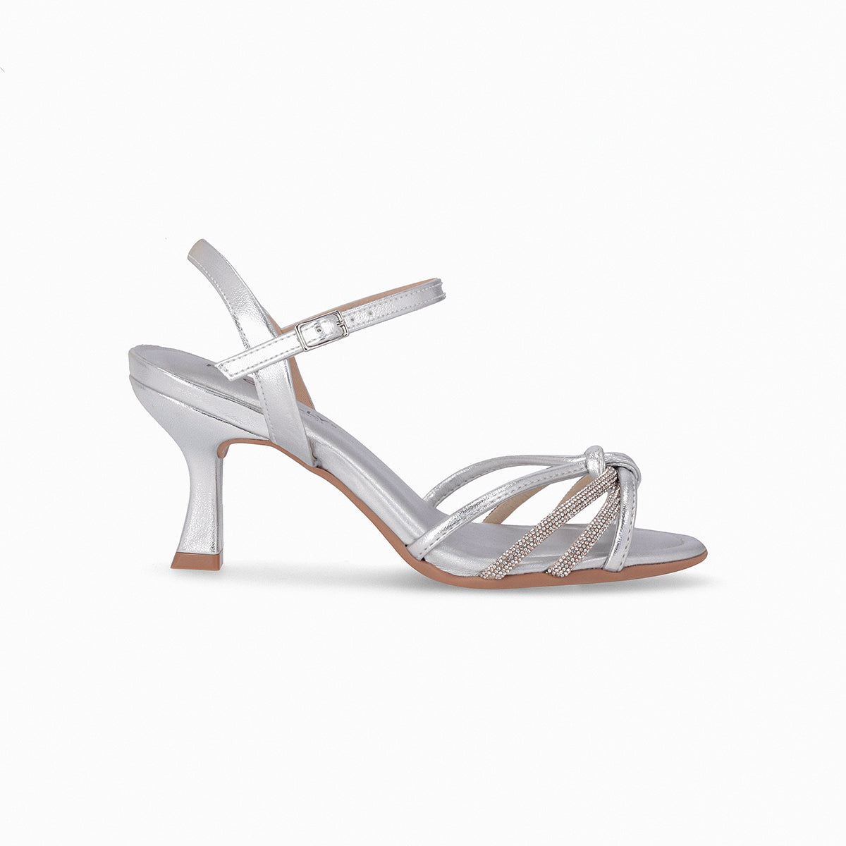 High heel Piccadilly sandal, silver color with adjustable buckle, upper straps featuring a rhinestone knot detail.