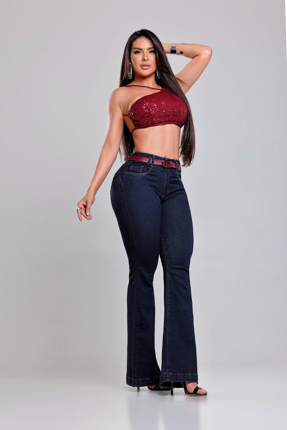 Lemonette Women's Belted Jeans Flair Pants 94091