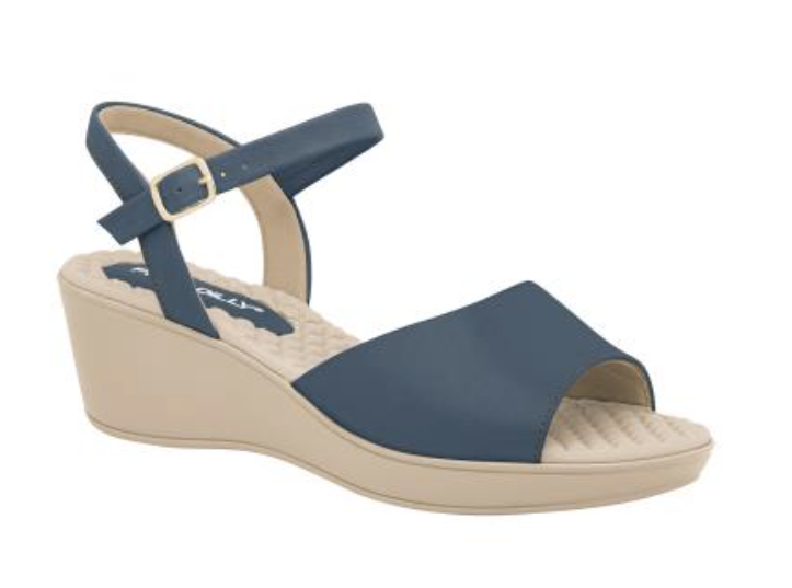 Piccadilly sandal with medium flat heel in blue, featuring a soft, cushioned insole. it has an adjustable buckle at the heel.