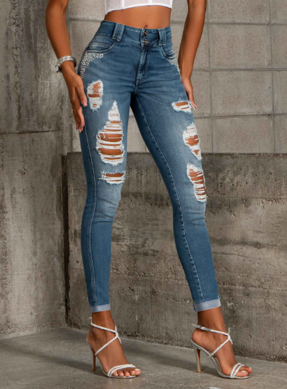 Pantalones vaqueros rotos de cintura alta para mujer Pit Bull Jeans con realce de glúteos 64771