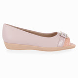 ballet flat by Piccadilly, low flat heel, in lilac and pink colors, with a gold and lilac patent buckle  detai.