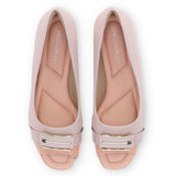 ballet flat by Piccadilly, low flat heel, in lilac and pink colors, with a gold and lilac patent buckle  detai.