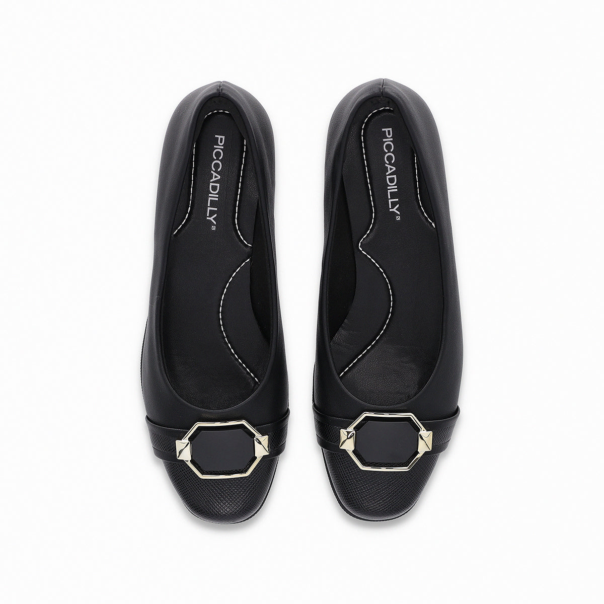  Piccadilly flats with a padded heel in black, featuring a golden buckle on the upper part