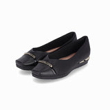 Low-heeled  black ballet flats, padded with gold details the part and back
