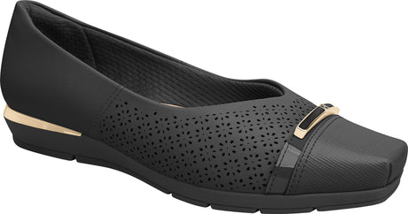 Low-heeled  black ballet flats, padded with gold details the part and back