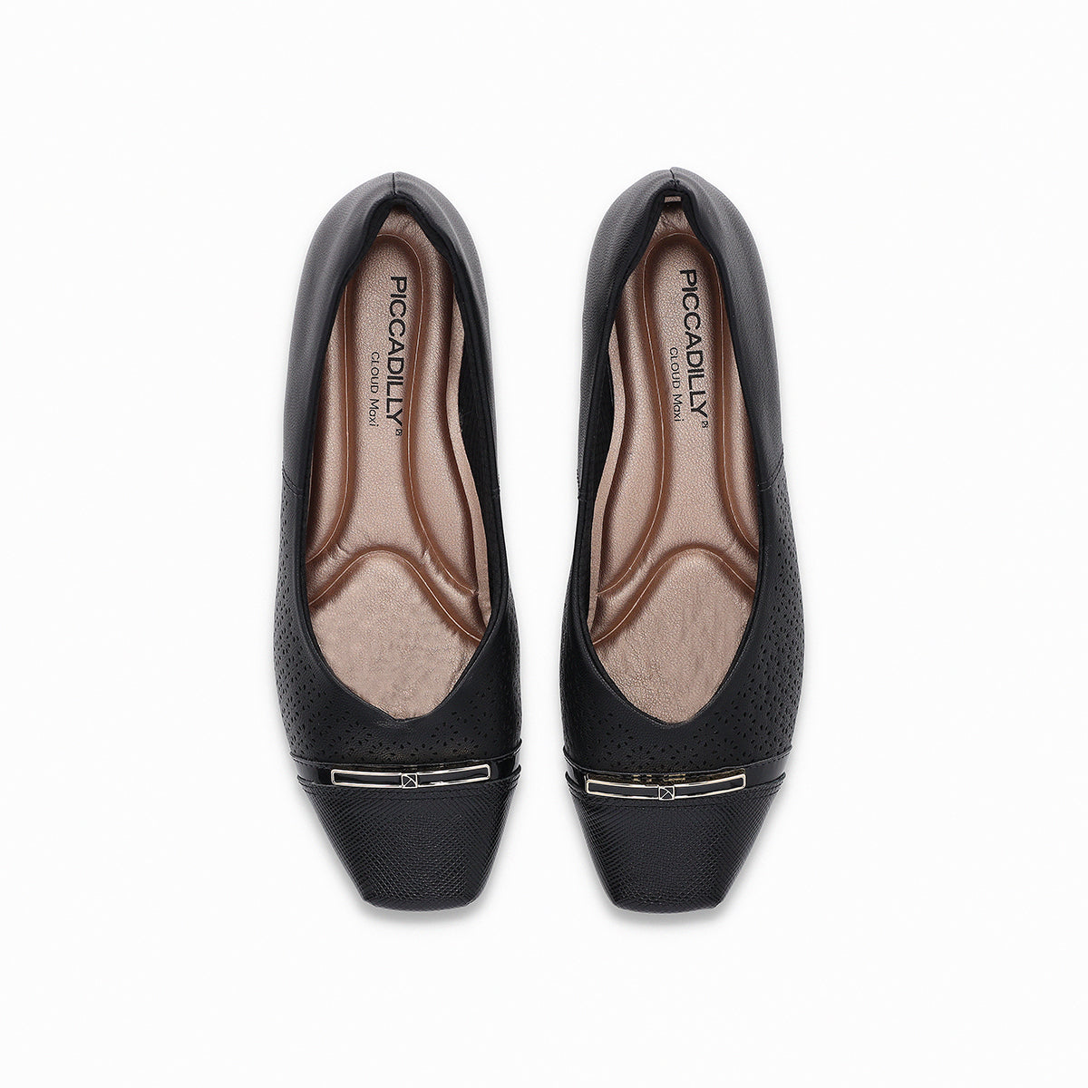 Low-heeled  black ballet flats, padded with gold details the part and back