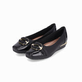 Low-heeled  black ballet flats, padded with gold details the part and back