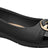 Low-heeled  black ballet flats, padded with gold details the part and back