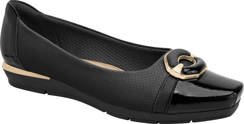 Low-heeled  black ballet flats, padded with gold details the part and back