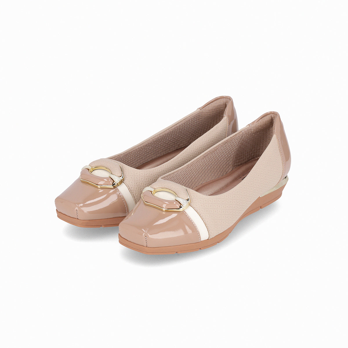 Low-heeled  black ballet flats, padded with gold details the part and back