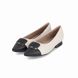 low-heeled point-toe off white shoe from Piccadilly balck embellishment and golden  detail 
